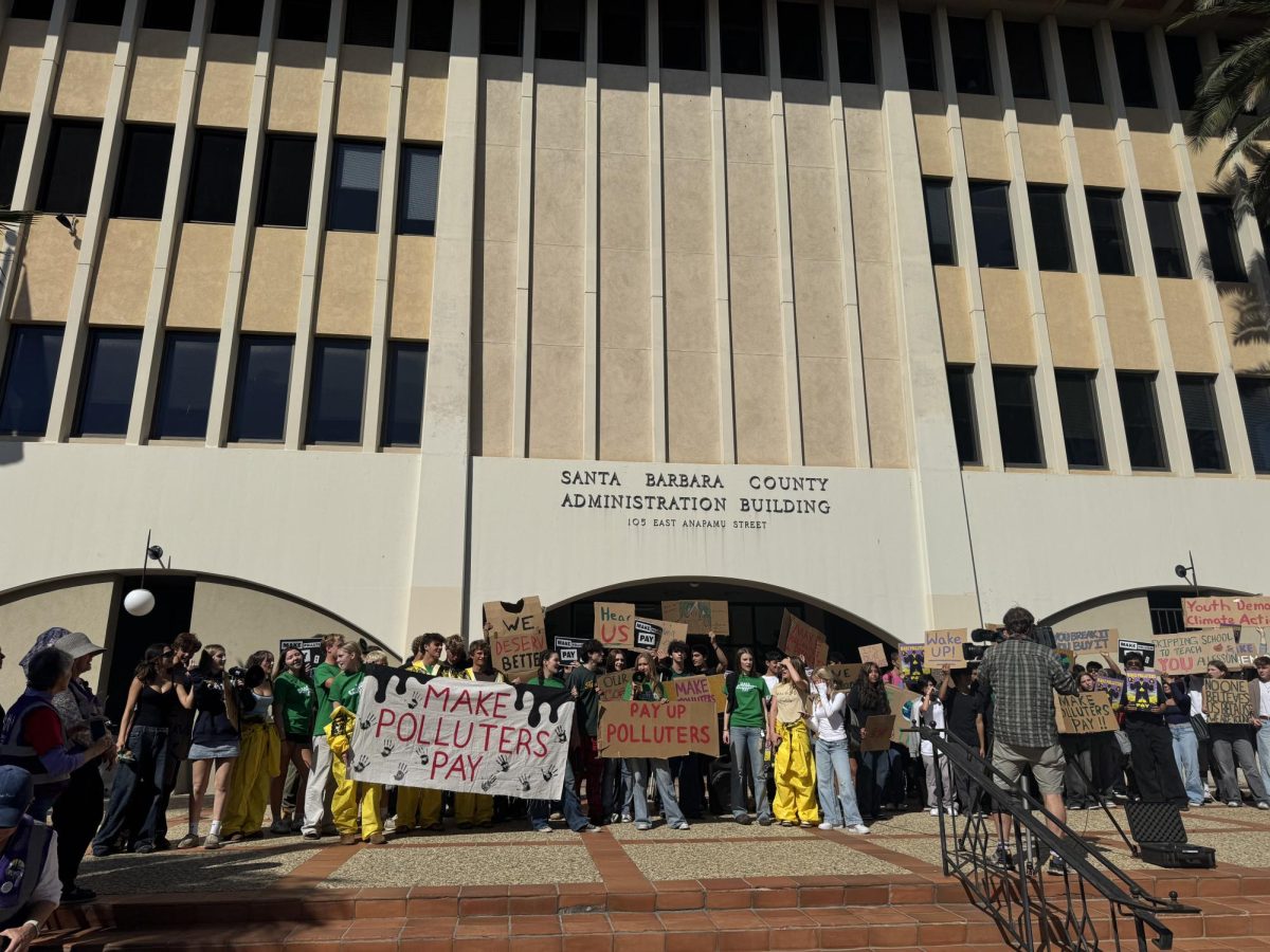 SBHS students gathered at the Board of Supervisors building on Friday, after the estimated 100 students walked out in support of the Make Polluters Pay Climate Superfund Act. Courtesy of Ethan Maday.