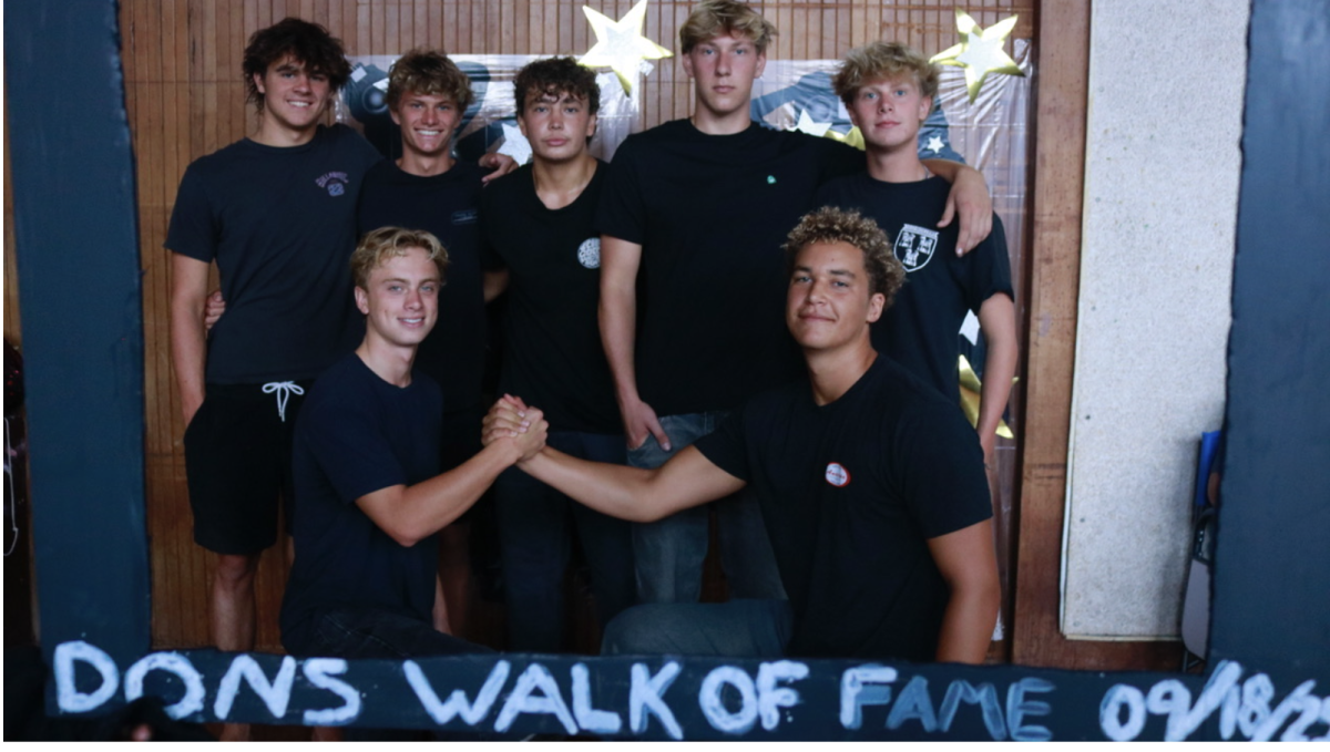 From left to right: Calvin Nelley, West Graham, William Stearns-Corbin, Nikita Kolosov, Sam Walker, Oliver Kelly, Lorenzo Russell from the boys water polo team at the recent pep rally. Image Credit: Jayleen Seanz 