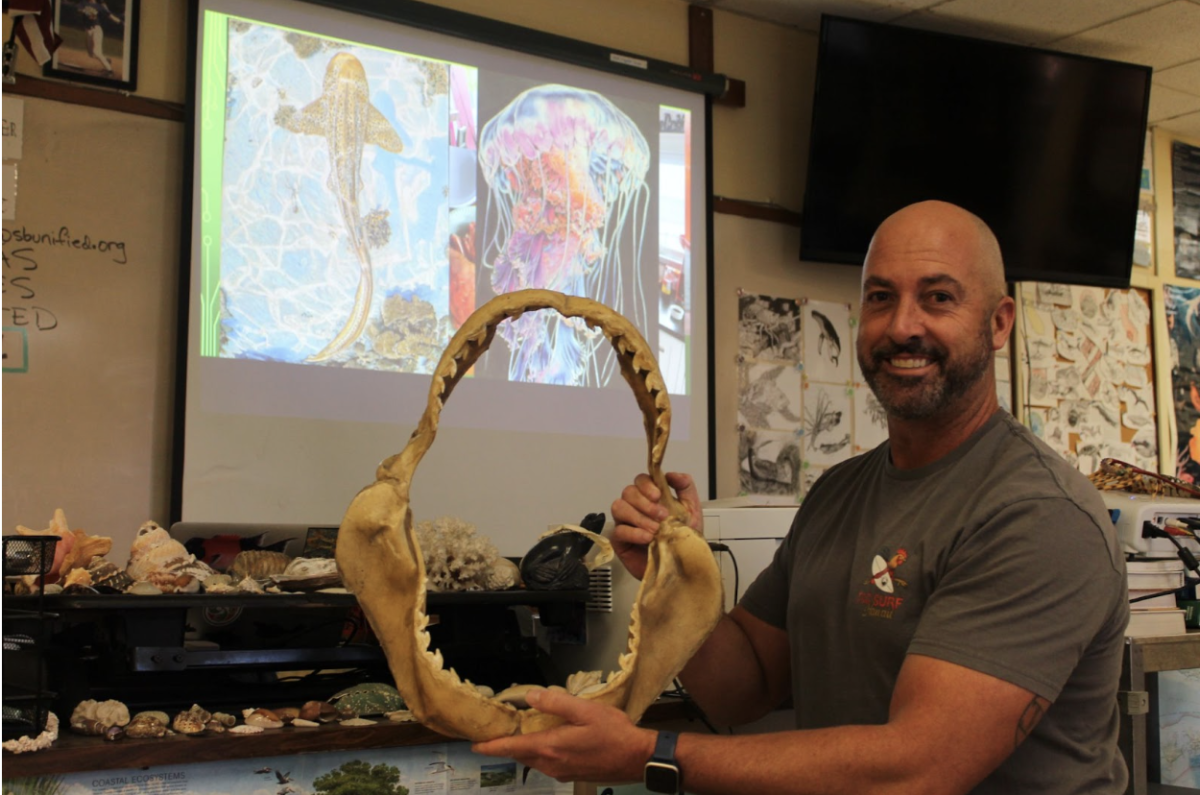 Donovan Warrecker holding up his Tiger Shark jaws in front of two pieces of artwork he made. 