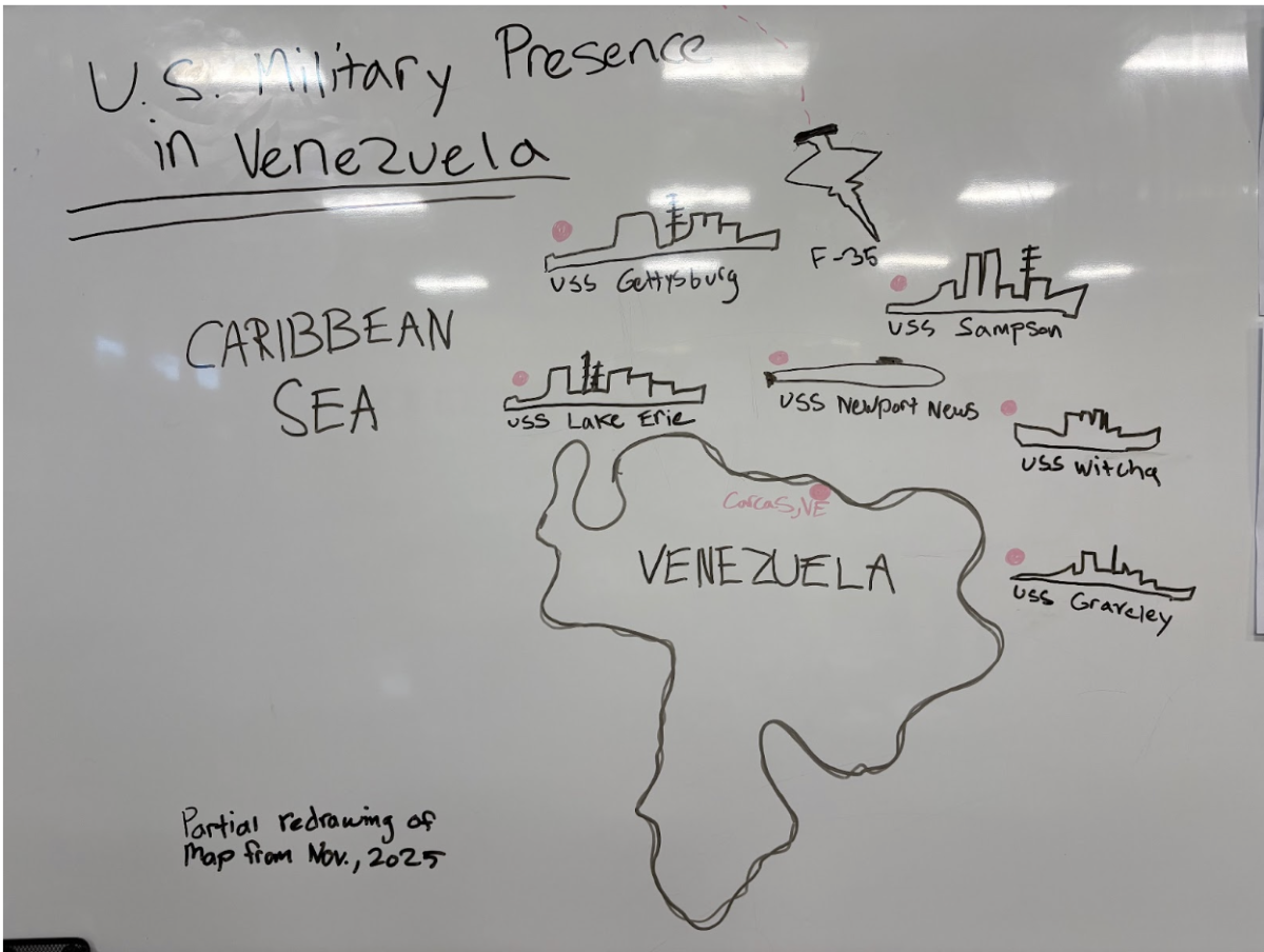 A diagram of the U.S. military presence in Venezuela drawn by Clara Watson. Image credit: Natalie MacFarlane