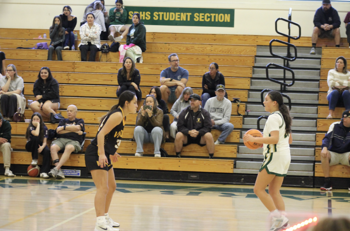 Freshman Amelia Lopez #20 goes one-on-one with a Ventura player.
Image Credit: Lily Schumacher 
