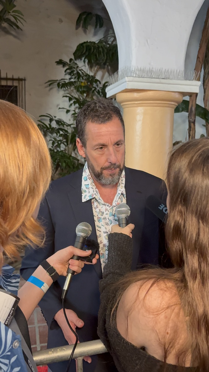 Forge students interviewing Adam Sandler on the red carpet before accepting the Maltin Modern Master Award at the Santa Barbara International Film Festival. Image credit: Natalie MacFarlane 
